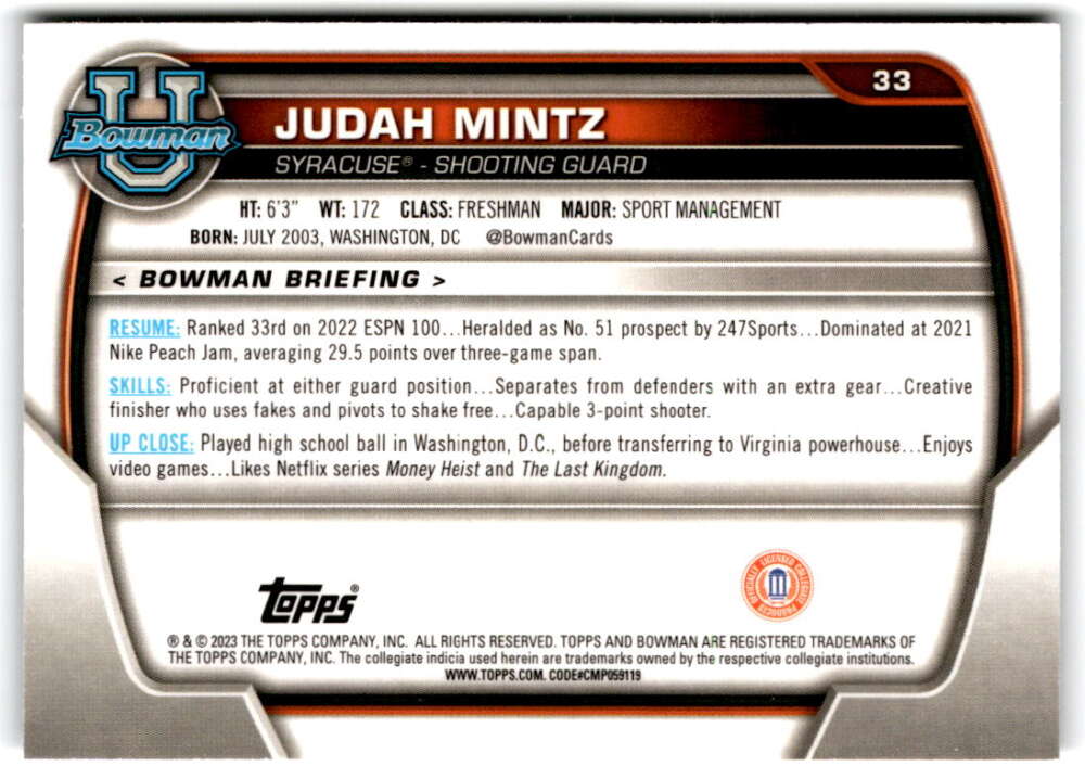 2022-23 Bowman University Chrome Basketball #33 Judah Mintz  Bowman   V97338 Image 2