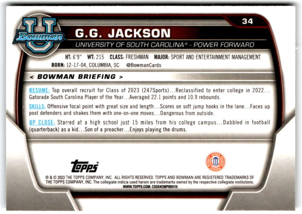 2022-23 Bowman University Chrome Basketball #34 G.G. Jackson  Bowman   V97340 Image 2