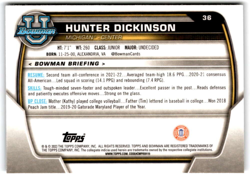 2022-23 Bowman University Chrome Basketball #36 Hunter Dickinson    V97341 Image 2