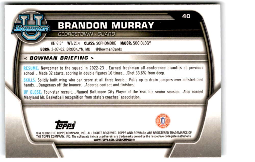 2022-23 Bowman University Chrome Basketball #40 Brandon Murray  Bowman   V97344 Image 2