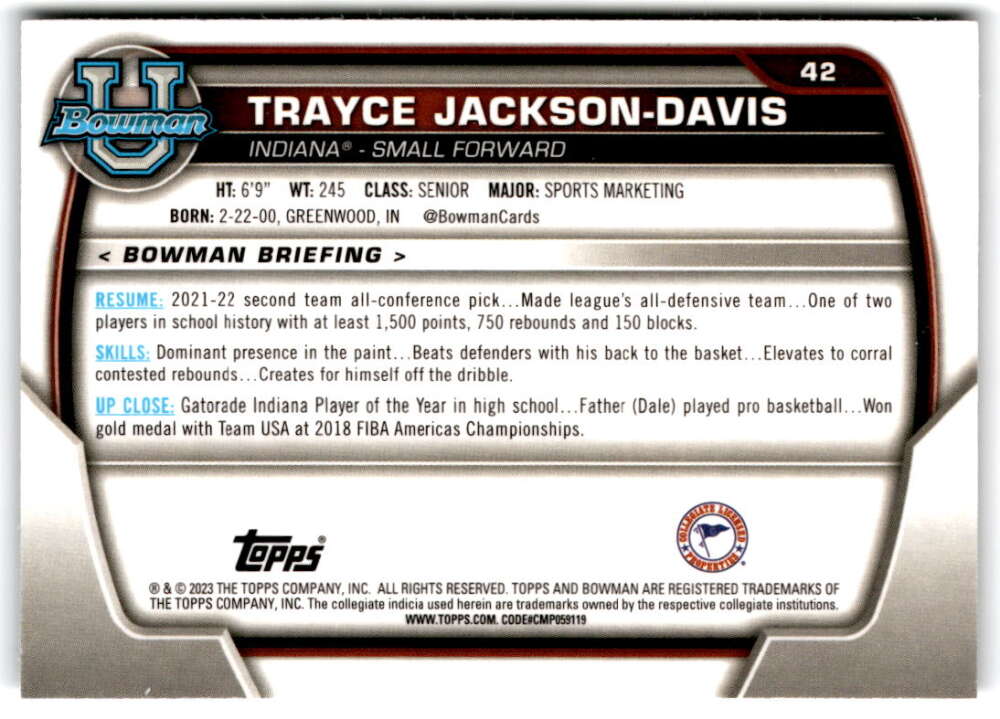 2022-23 Bowman University Chrome Basketball #42 Trayce Jackson-Davis    V97345 Image 2