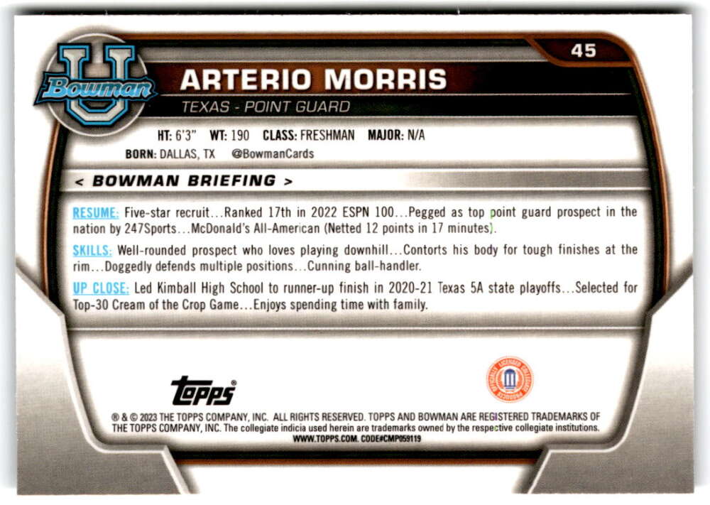 2022-23 Bowman University Chrome Basketball #45 Arterio Morris  Bowman  V97349 Image 2