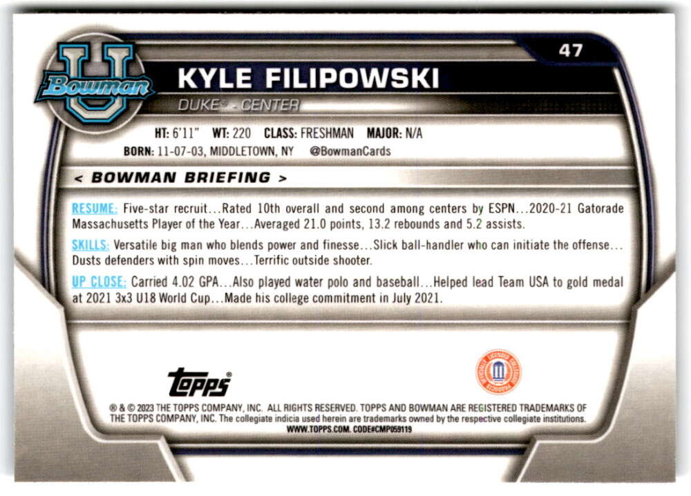 2022-23 Bowman University Chrome Basketball #47 Kyle Filipowski  Bowman  V97350 Image 2