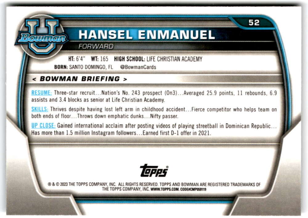 2022-23 Bowman University Chrome Basketball #52 Hansel Enmanuel  Bowman  V97354 Image 2