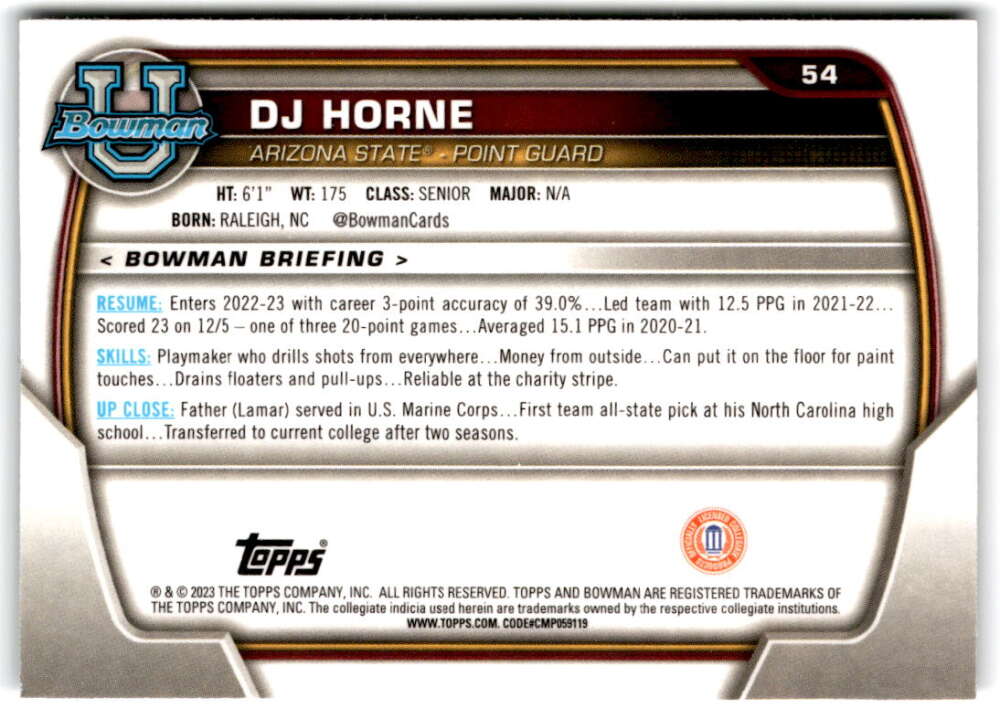 2022-23 Bowman University Chrome Basketball #54 DJ Horne  Bowman   V97357 Image 2