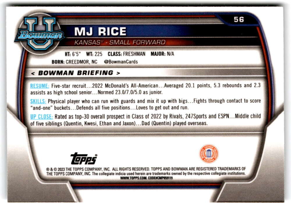 2022-23 Bowman University Chrome Basketball #56 MJ Rice  Bowman  Kansas  V97359 Image 2