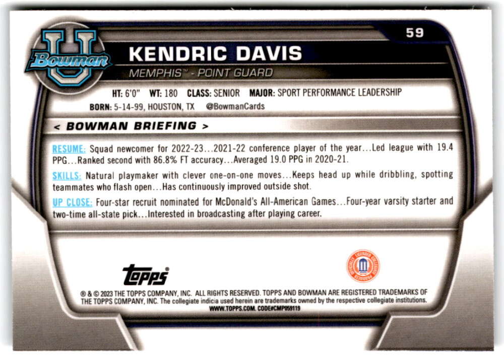 2022-23 Bowman University Chrome Basketball #59 Kendric Davis  Bowman  V97360 Image 2