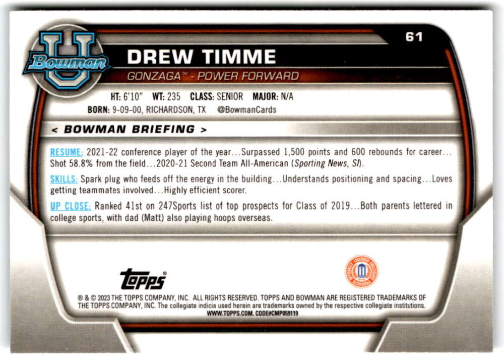 2022-23 Bowman University Chrome Basketball #61 Drew Timme  Gonzaga  V97363 Image 2
