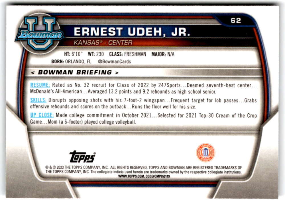 2022-23 Bowman University Chrome Basketball #62 Ernest Udeh, Jr.  Bowman  V97365 Image 2