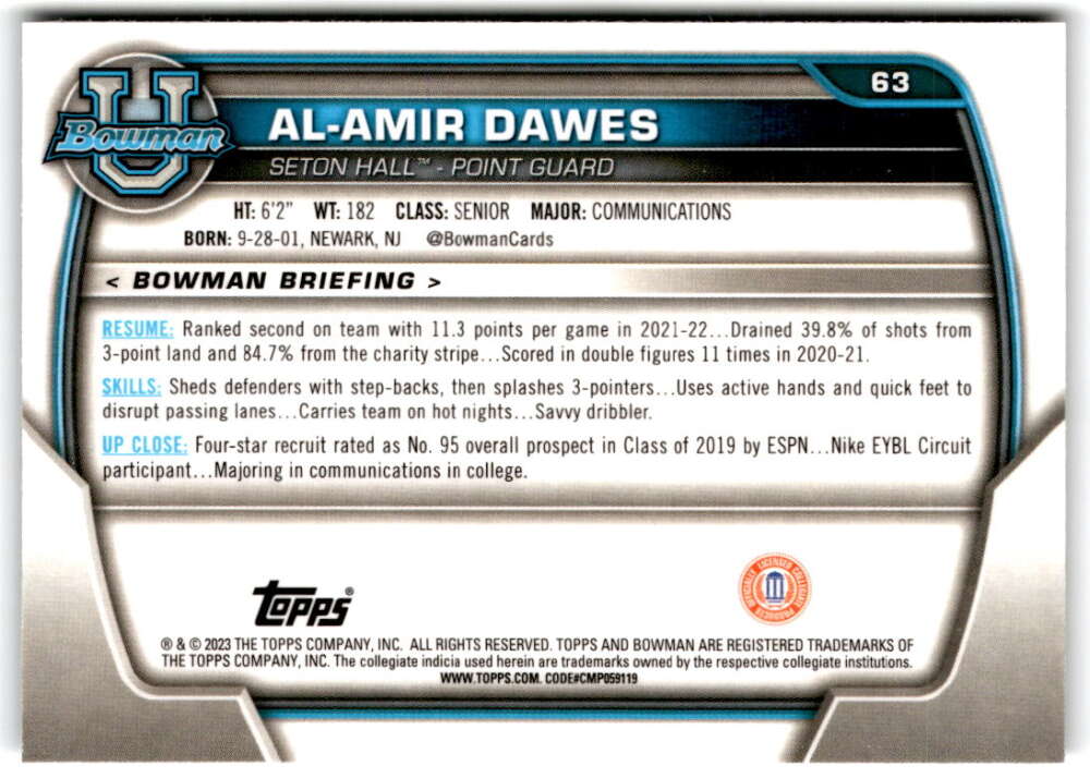 2022-23 Bowman University Chrome Basketball #63 Al-Amir Dawes  Bowman  V97366 Image 2