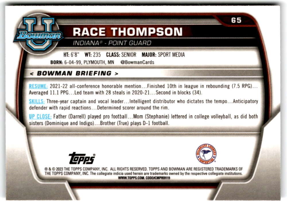 2022-23 Bowman University Chrome Basketball #65 Race Thompson  Bowman  V97368 Image 2