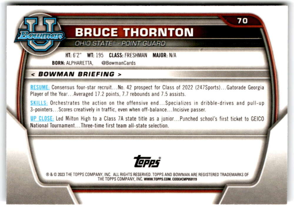 2022-23 Bowman University Chrome Basketball #70 Bruce Thornton  Bowman   V97371 Image 2