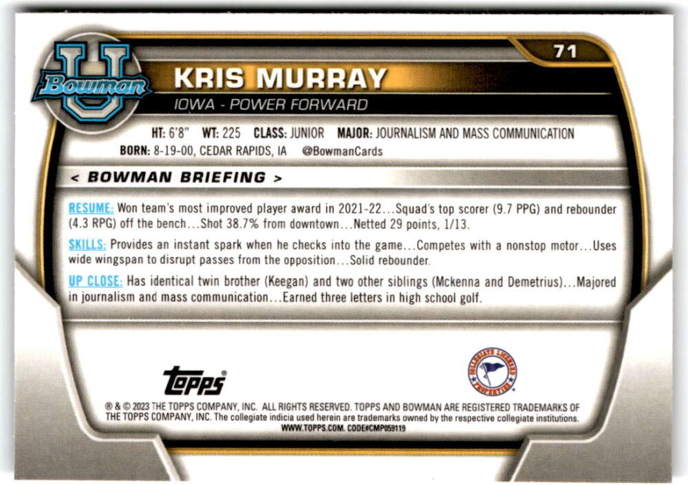 2022-23 Bowman University Chrome Basketball #71 Kris Murray  Bowman  Iowa  V97372 Image 2