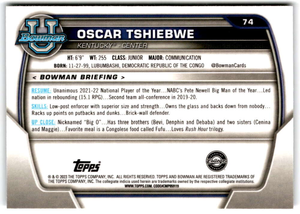 2022-23 Bowman University Chrome Basketball #74 Oscar Tshiebwe  Bowman  V97373 Image 2