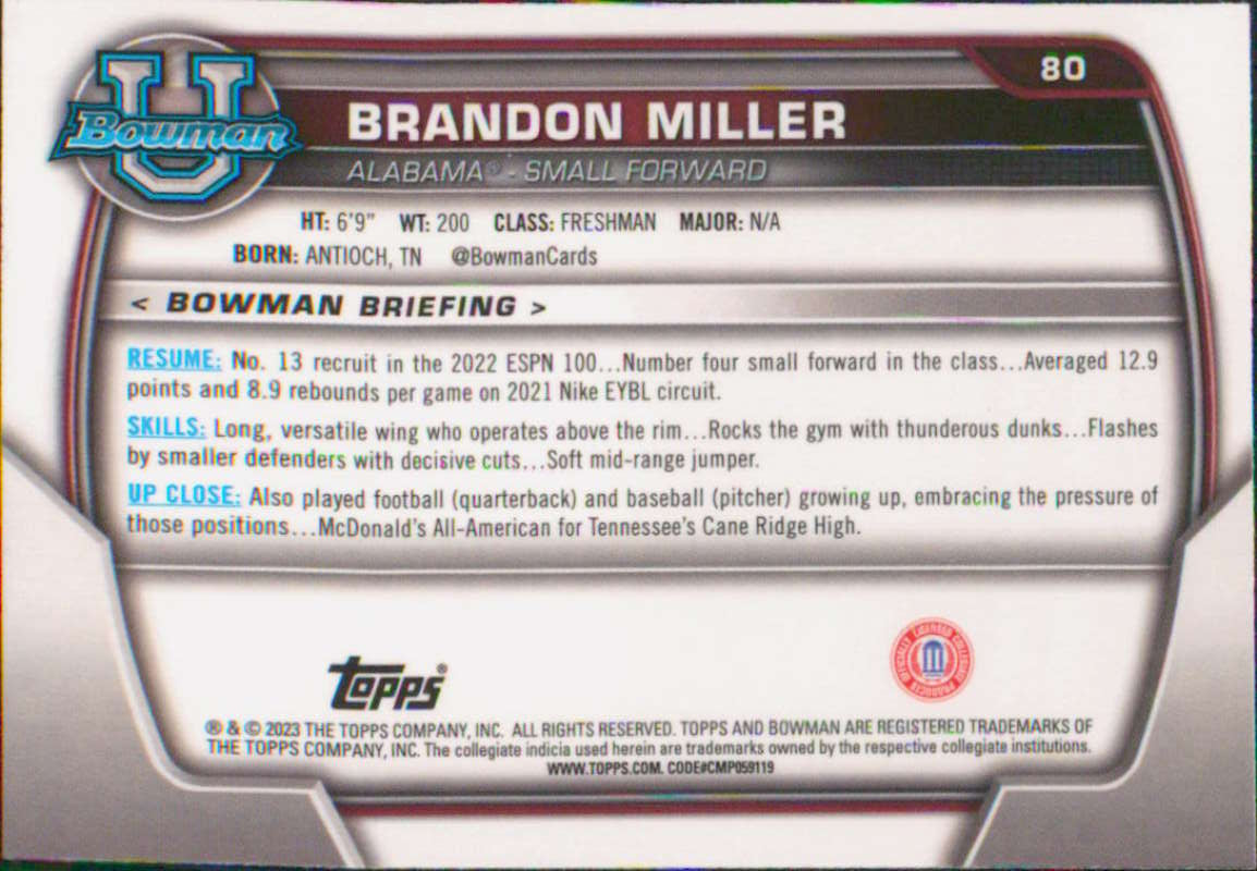 2022-23 Bowman University Chrome Basketball #80 Brandon Miller  Bowman  V97384 Image 2