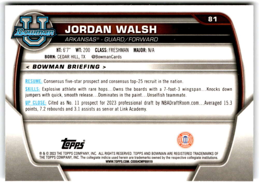 2022-23 Bowman University Chrome Basketball #81 Jordan Walsh  Bowman  V97386 Image 2
