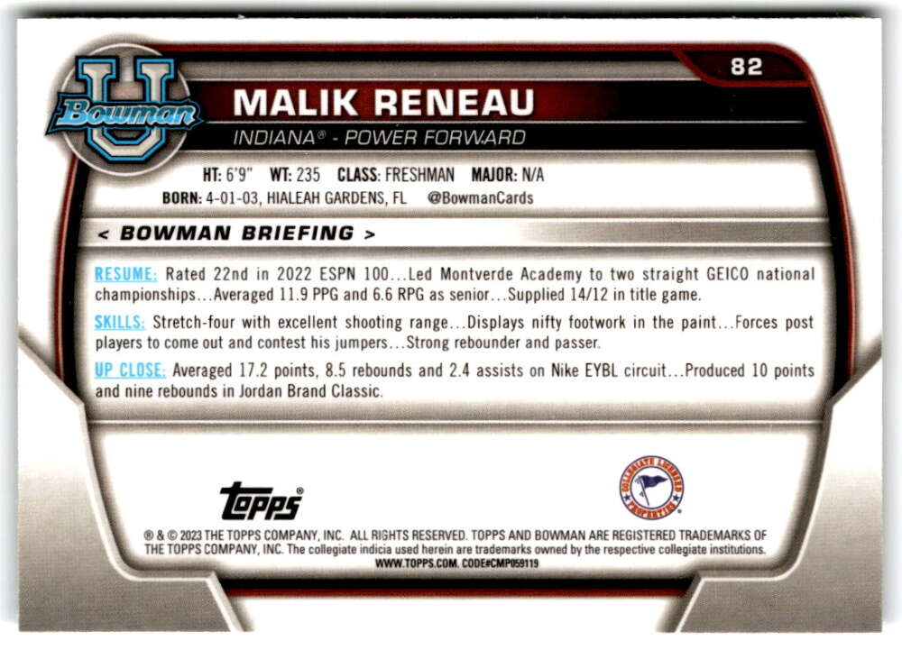 2022-23 Bowman University Chrome Basketball #82 Malik Reneau  Bowman  V97387 Image 2