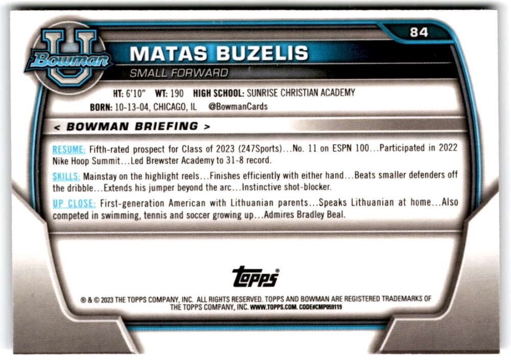 2022-23 Bowman University Chrome Basketball #84 Matas Buzelis  Bowman   V97389 Image 2
