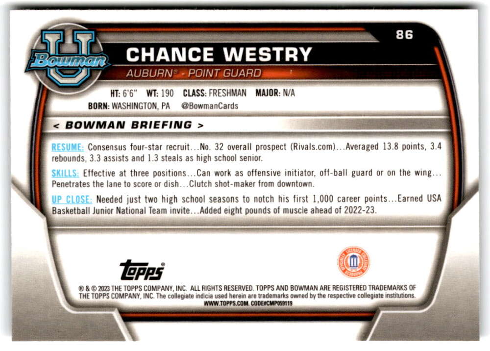 2022-23 Bowman University Chrome Basketball #86 Chance Westry  Bowman  V97391 Image 2