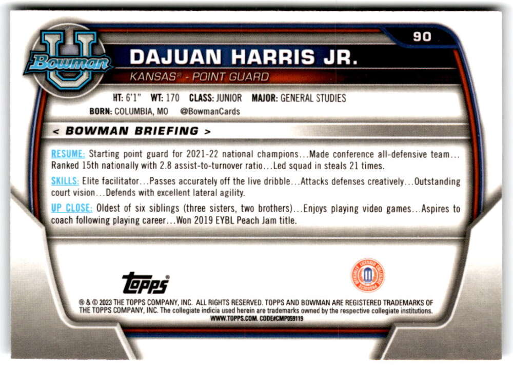 2022-23 Bowman University Chrome Basketball #90 Dajuan Harris Jr.  Bowman  V97394 Image 2