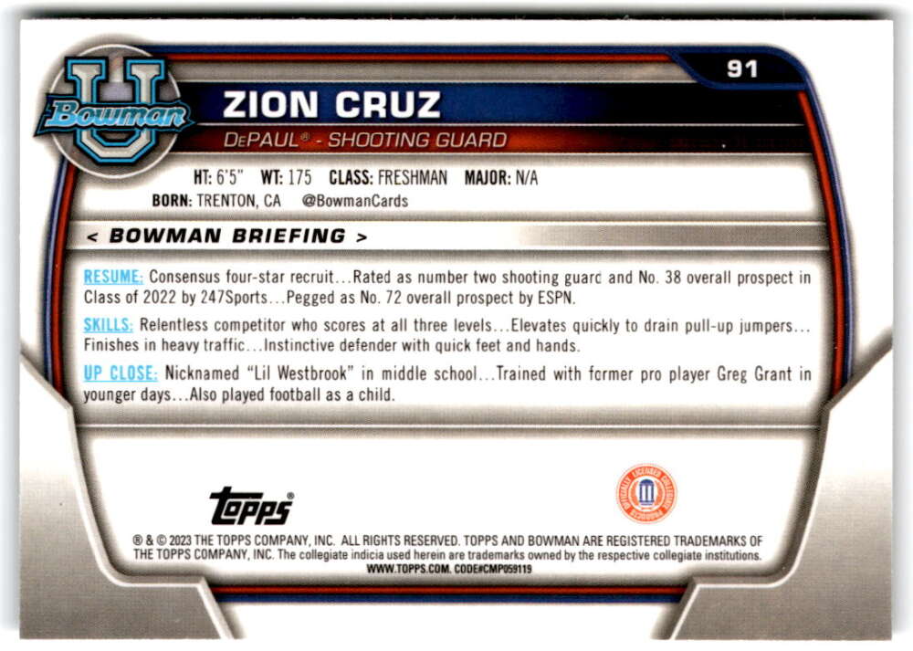 2022-23 Bowman University Chrome Basketball #91 Zion Cruz  Bowman  Depaul  V97396 Image 2