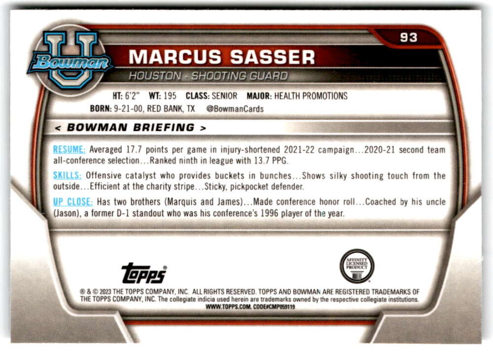 2022-23 Bowman University Chrome Basketball #93 Marcus Sasser  Bowman  V97399 Image 2