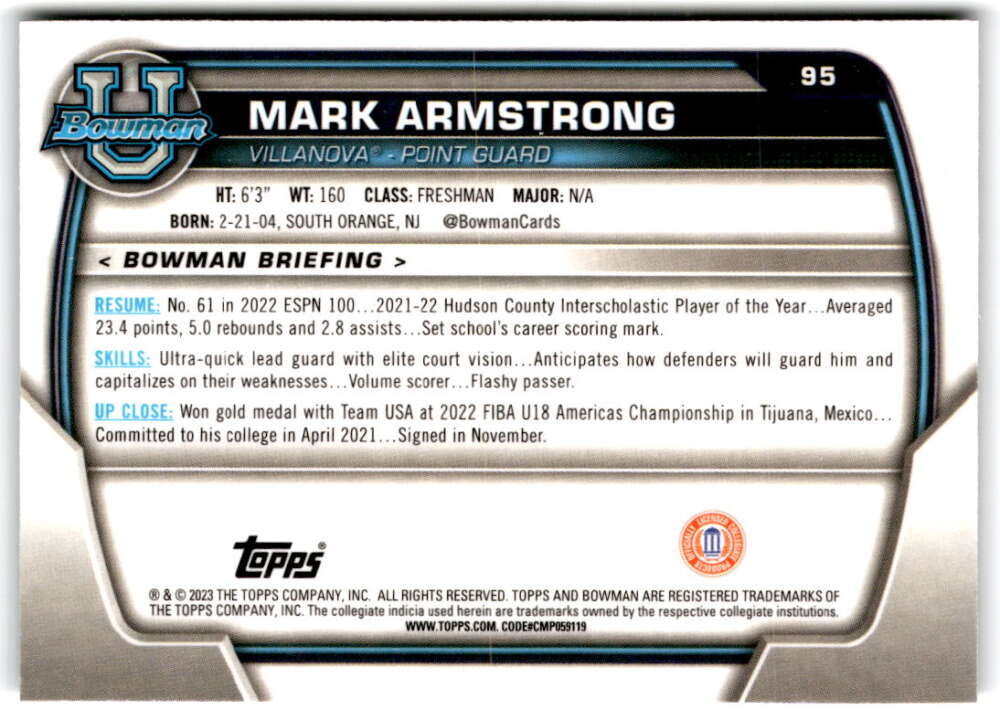 2022-23 Bowman University Chrome Basketball #95 Mark Armstrong  Bowman  V97401 Image 2