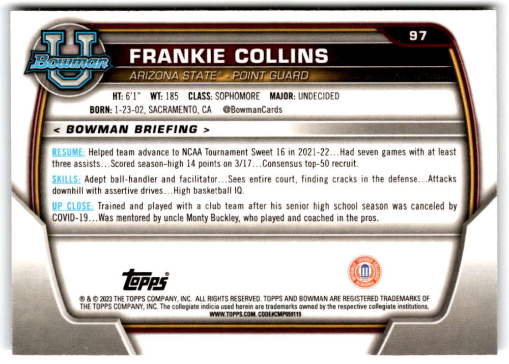 2022-23 Bowman University Chrome Basketball #97 Frankie Collins  Bowman   V97402 Image 2