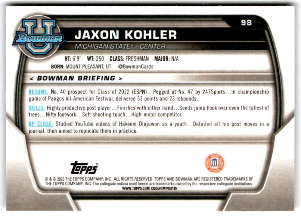 2022-23 Bowman University Chrome Basketball #98 Jaxon Kohler  Bowman  V97403 Image 2