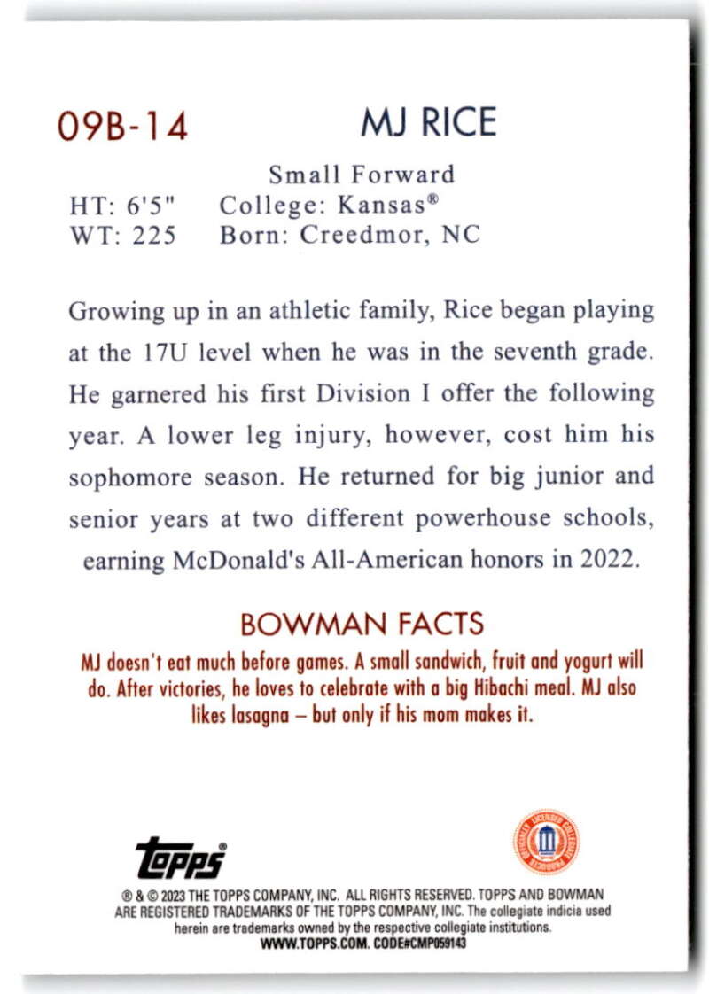 2022-23 Bowman University Chrome Basketball 2009 Bowman MJ Rice   V97412 Image 2