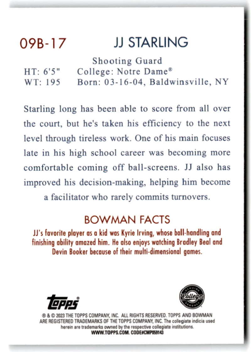 2022-23 Bowman University Chrome Basketball 2009 Bowman JJ Starling  V97413 Image 2