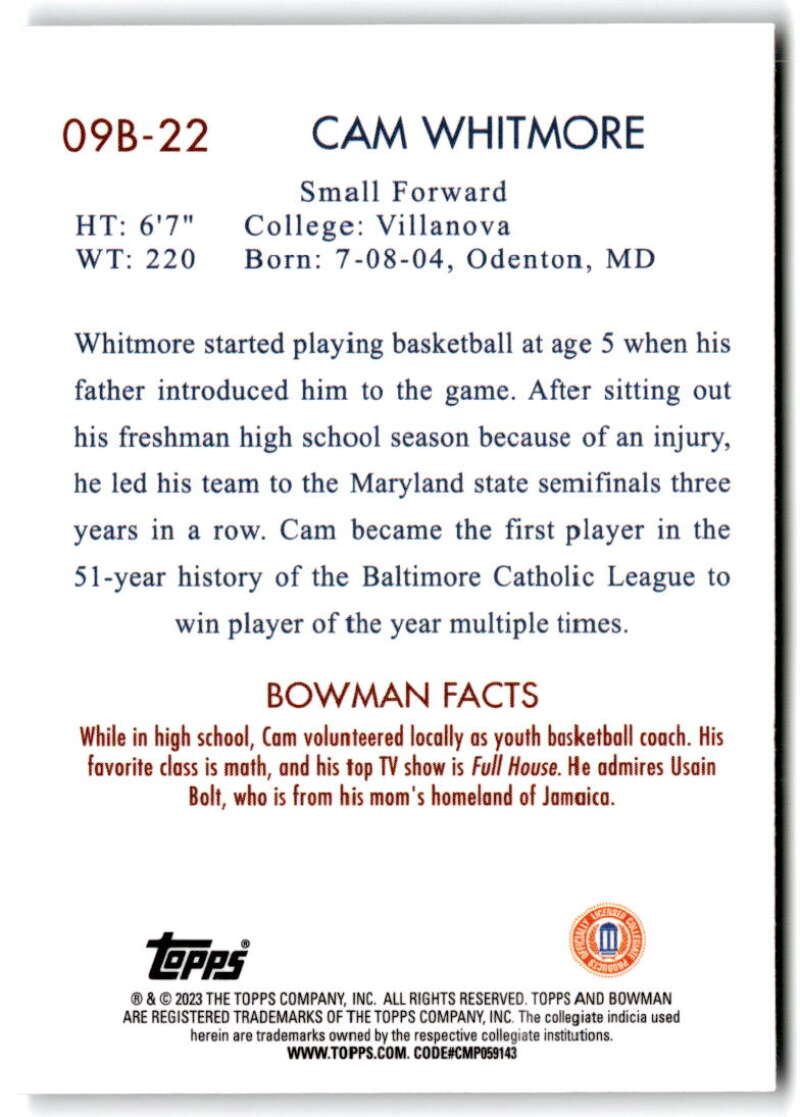 2022-23 Bowman University Chrome Basketball 2009 Bowman Cam Whitmore  V97415 Image 2