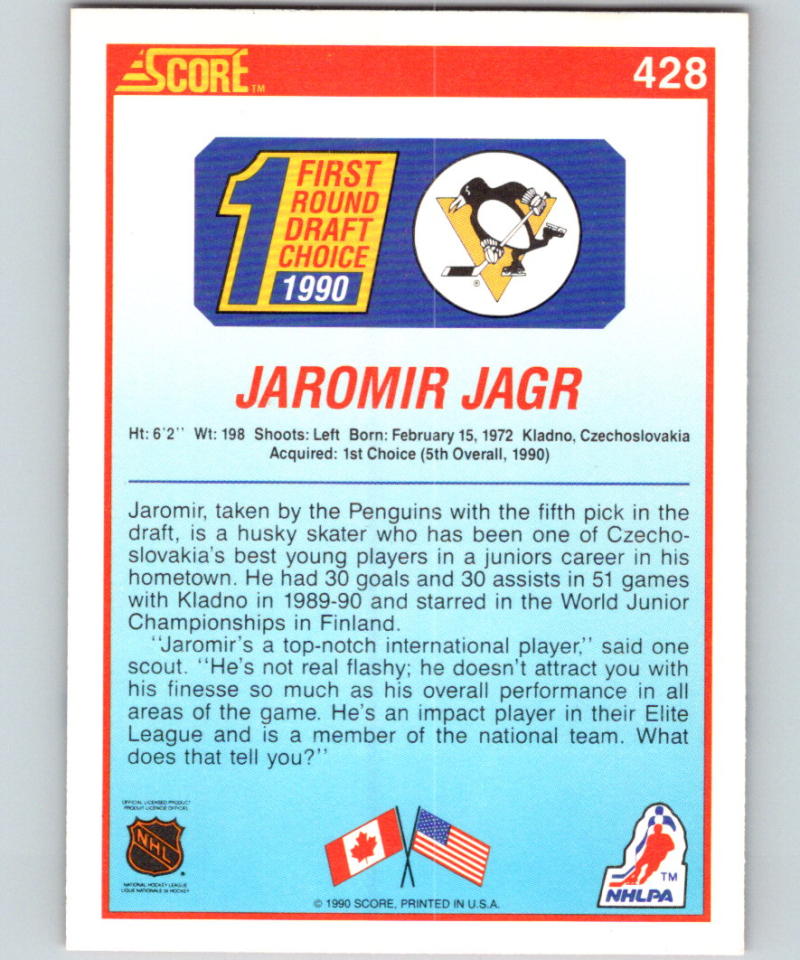 1990-91 Score American #428 Jaromir Jagr  RC Rookie Pittsburgh Penguins  Image 2