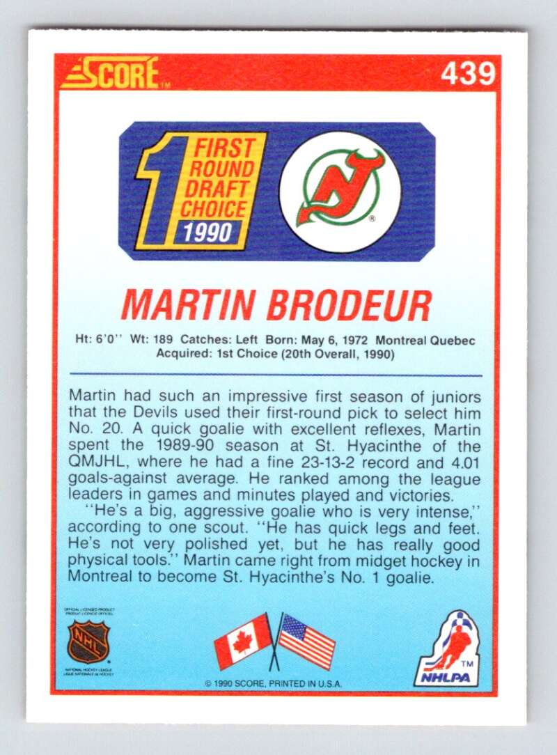 1990-91 Score American #439 Martin Brodeur  RC Rookie New Jersey Devils  Image 2