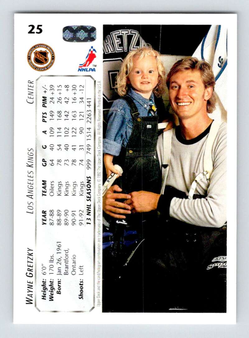 1992-93 Upper Deck Hockey  #25 Wayne Gretzky  Los Angeles Kings  Image 2