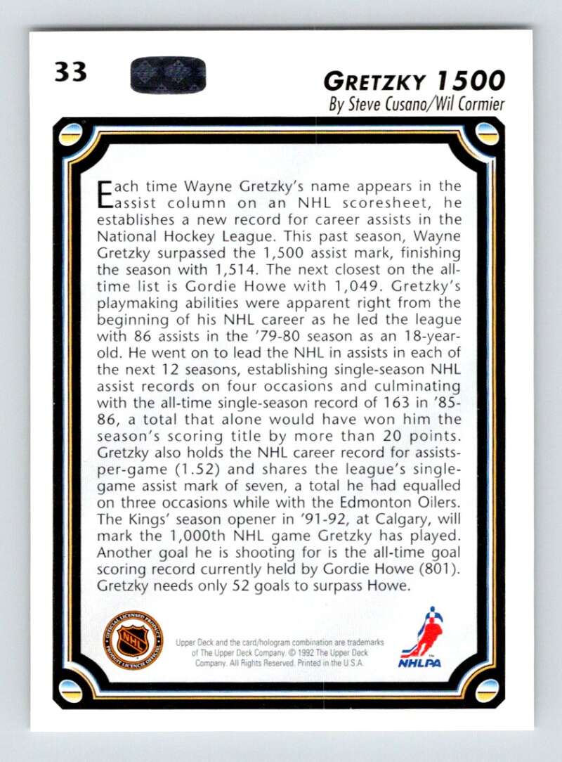 1992-93 Upper Deck Hockey  #33 Wayne Gretzky  Los Angeles Kings  Image 2
