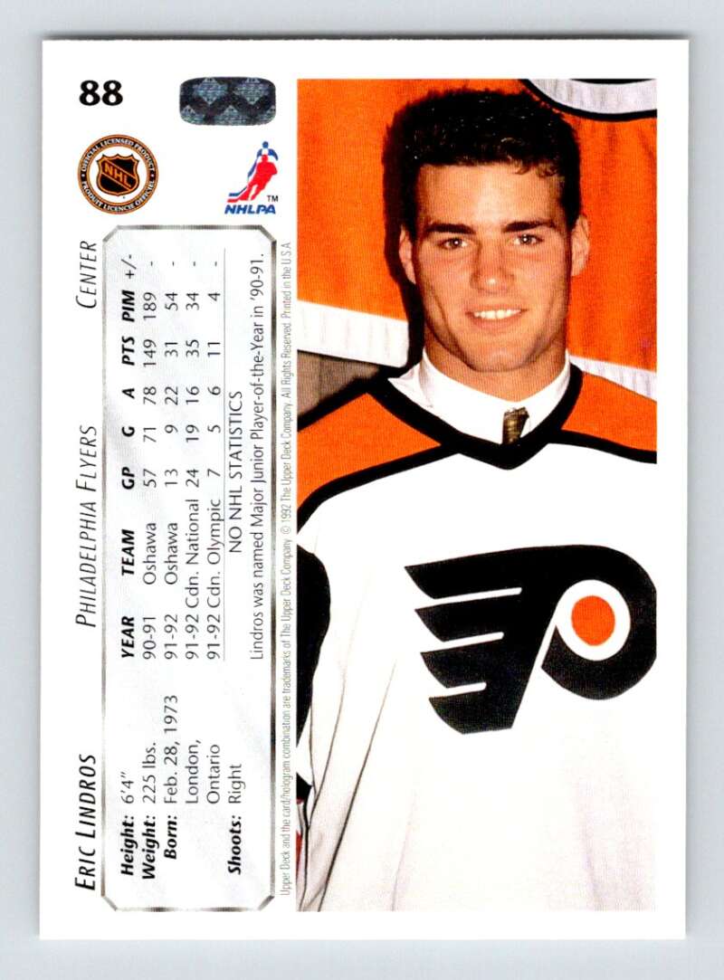 1992-93 Upper Deck Hockey  #88 Eric Lindros  SP Philadelphia Flyers  Image 2