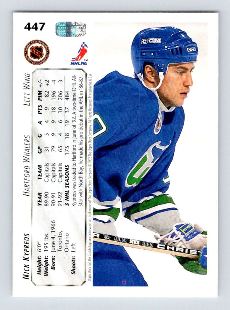 1992-93 Upper Deck Hockey  #447 Nick Kypreos  Hartford Whalers  Image 2