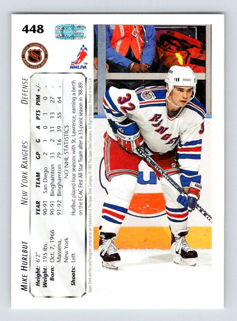 1992-93 Upper Deck Hockey  #448 Mike Hurlbut  RC Rookie New York Rangers  Image 2