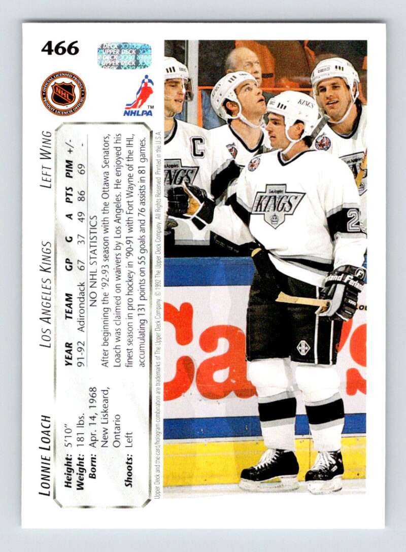 1992-93 Upper Deck Hockey  #466 Lonnie Loach  RC Rookie Los Angeles Kings  Image 2