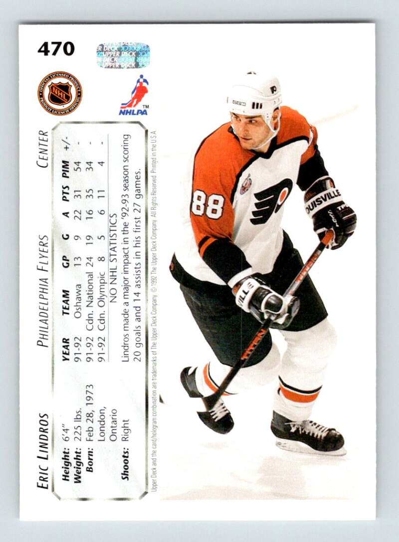 1992-93 Upper Deck Hockey  #470 Eric Lindros  Philadelphia Flyers  Image 2