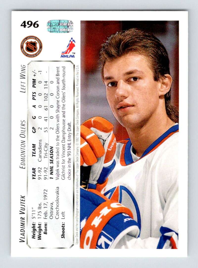 1992-93 Upper Deck Hockey  #496 Vladimir Vujtek  RC Rookie Edmonton Oilers  Image 2