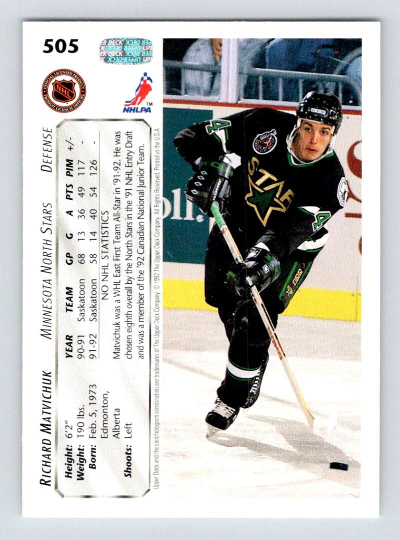 1992-93 Upper Deck Hockey  #505 Richard Matvichuk  RC Rookie North Stars  Image 2