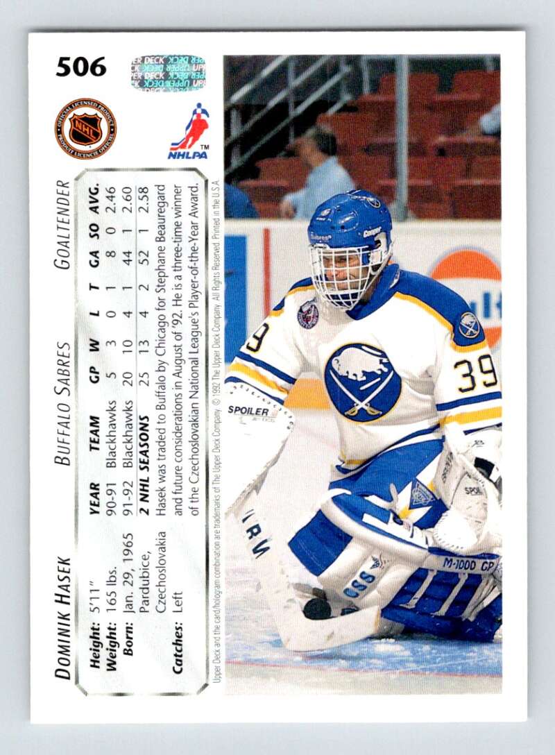 1992-93 Upper Deck Hockey  #506 Dominik Hasek  Buffalo Sabres  Image 2