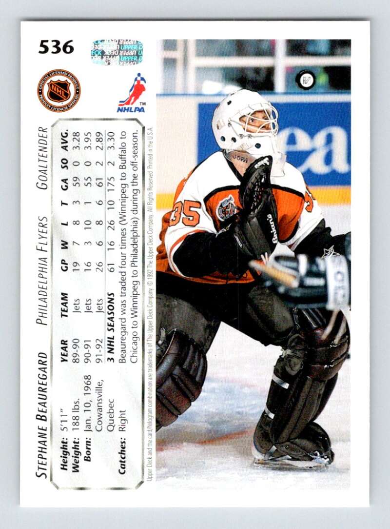 1992-93 Upper Deck Hockey  #536 Stephane Beauregard  Philadelphia Flyers  Image 2