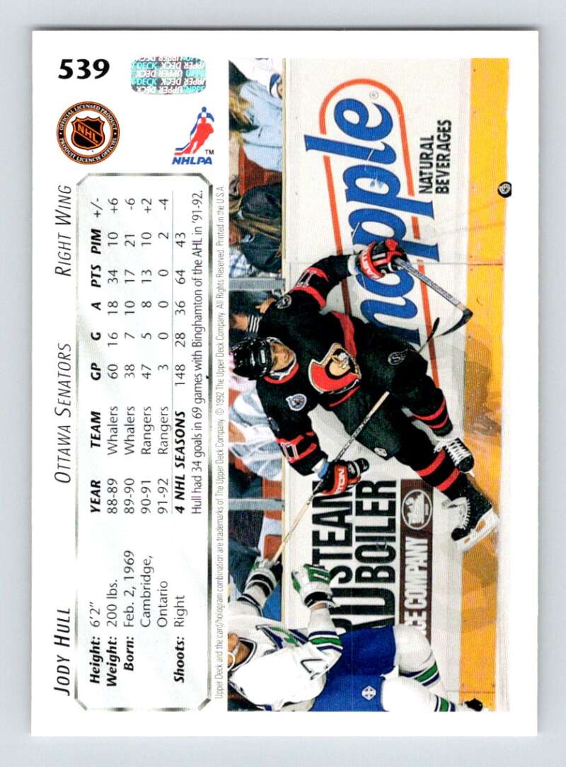 1992-93 Upper Deck Hockey  #539 Jody Hull  Ottawa Senators  Image 2