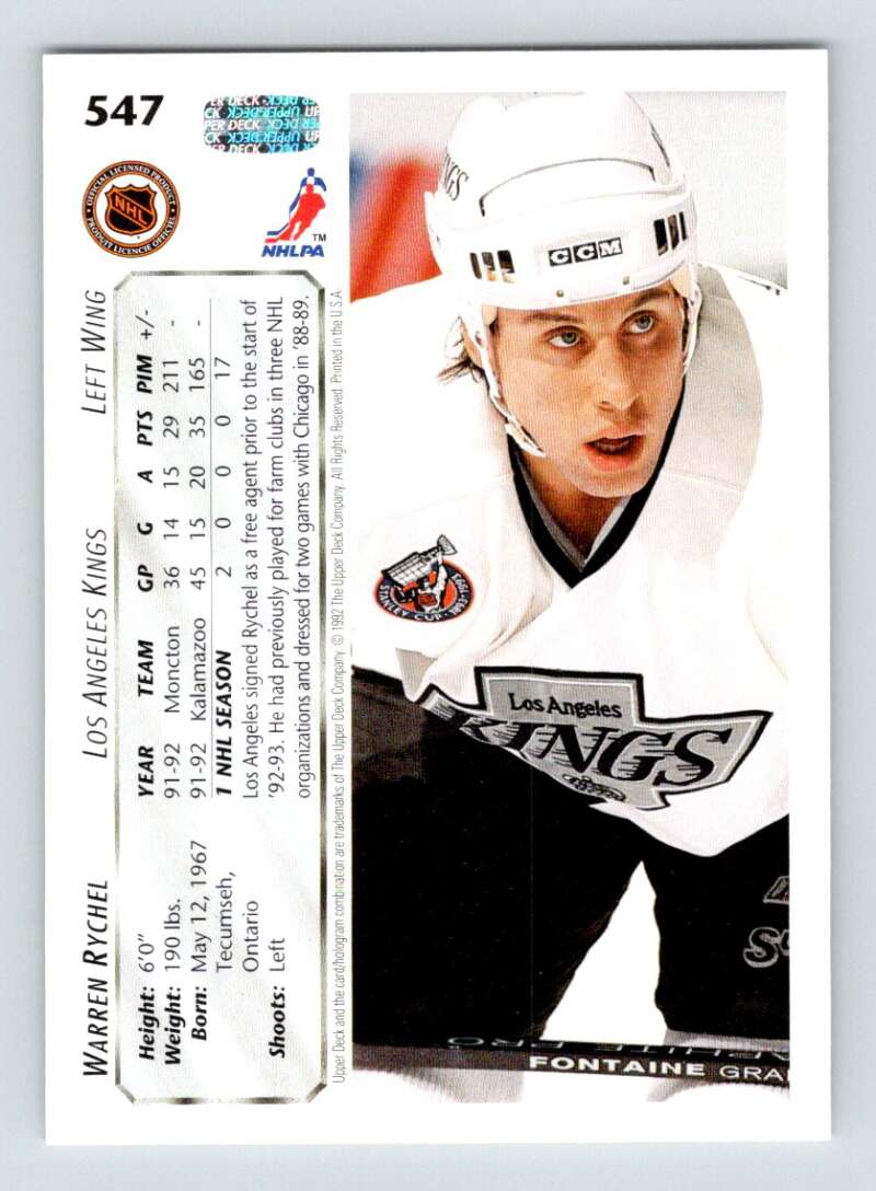 1992-93 Upper Deck Hockey  #547 Warren Rychel  RC Rookie Los Angeles Kings  Image 2