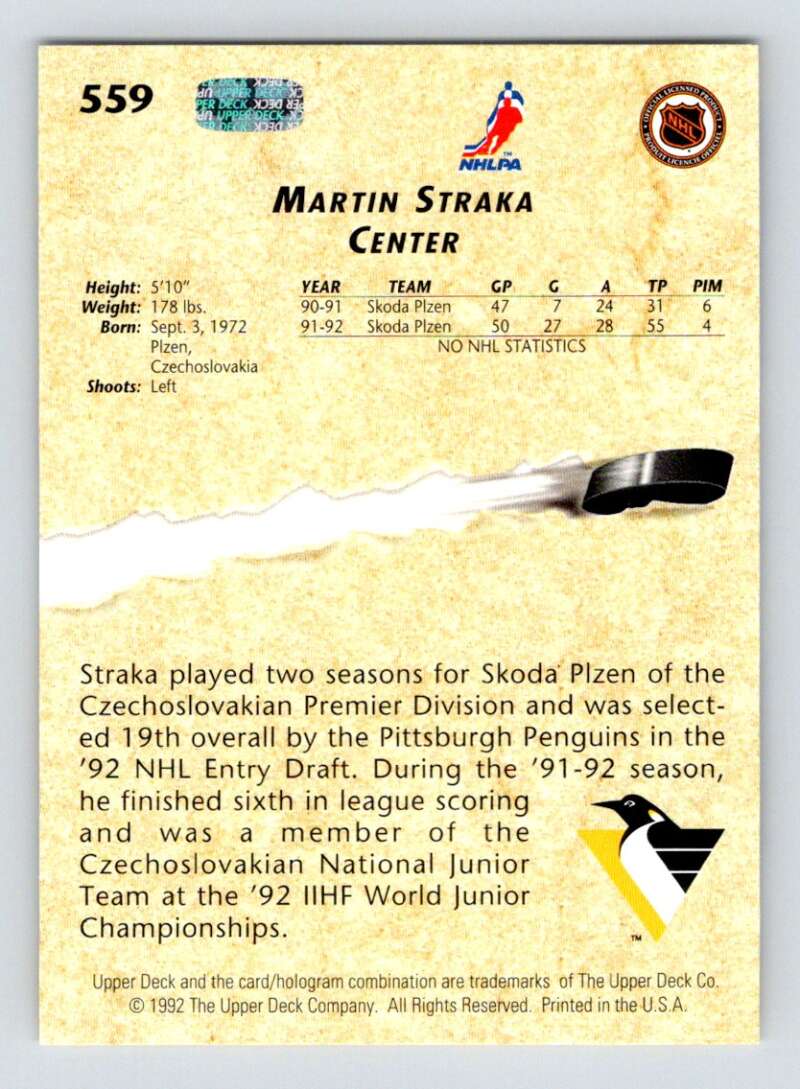 1992-93 Upper Deck Hockey  #559 Martin Straka YG  RC Rookie Pittsburgh Penguins  Image 2