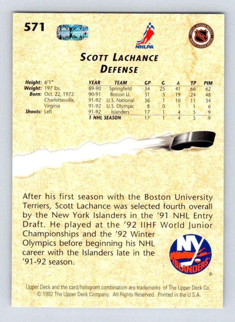 1992-93 Upper Deck Hockey  #571 Scott Lachance YG  New York Islanders  Image 2