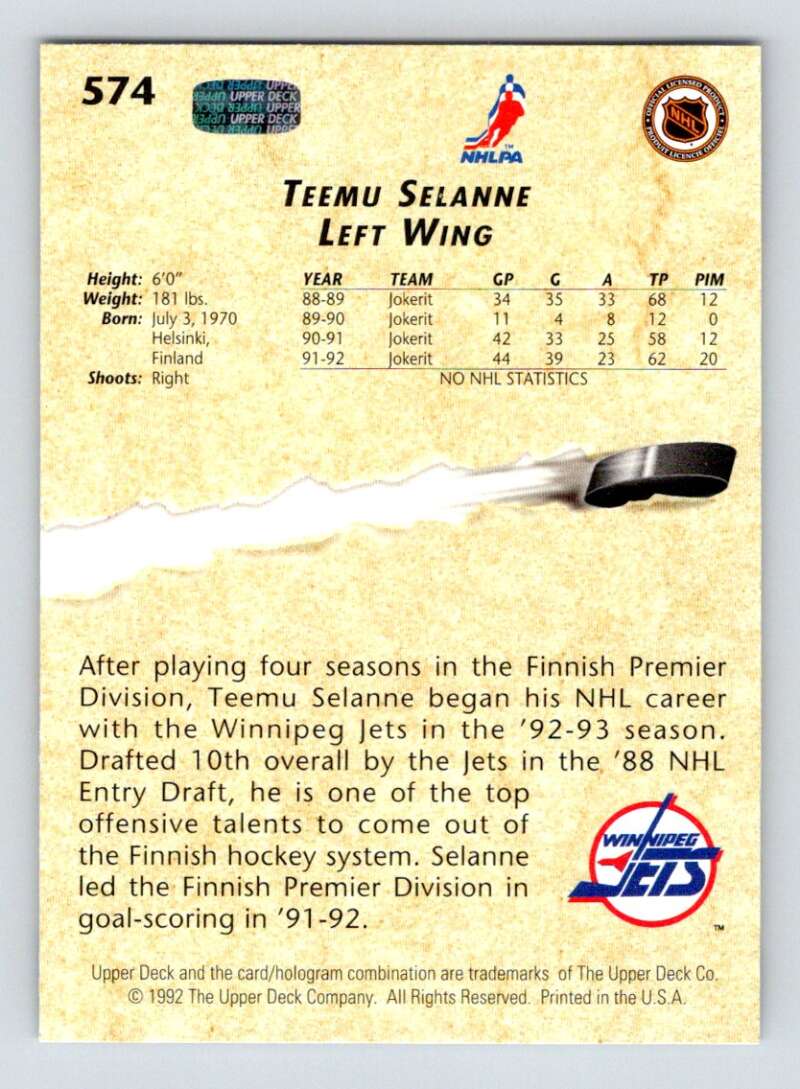 1992-93 Upper Deck Hockey  #574 Teemu Selanne YG  Winnipeg Jets  Image 2
